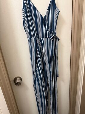 Navy and White Striped Wrap Jumpsuit